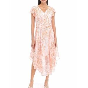 Vince Camuto Chiffon Midi Dress Ruffle Sleeve Tie Waist Paisley Orange S NWT